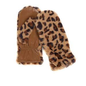 Badgley Mischka Leopard Print Fuzzy Faux Fur & Leather Palm Gloves Small/Med New